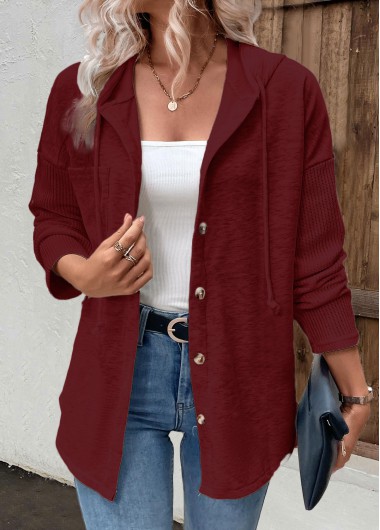 Modlily Wine Red Patchwork Long Sleeve Hoodie - L