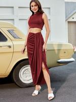 ZAFUL Women's Casual Sleeveless Summer Two Piece Outfits Crop Top and Side Split Draped Ruched Maxi Skirt Set Solid Suiting