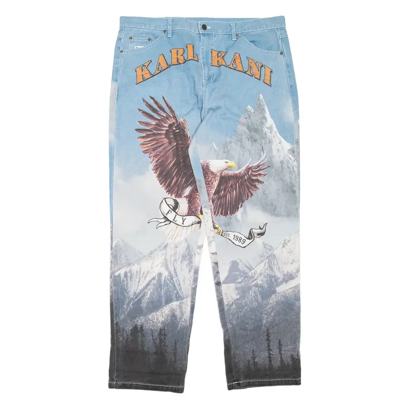 KARL KANI Eagle And Mountain Print Mens Jeans Blue Regular Tapered W40 L32