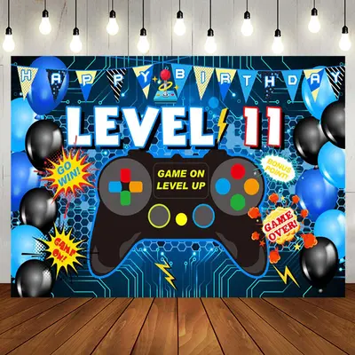 Level 11 Gamepad Blue Balloon Happy Birthday Backdrop - Aperturee