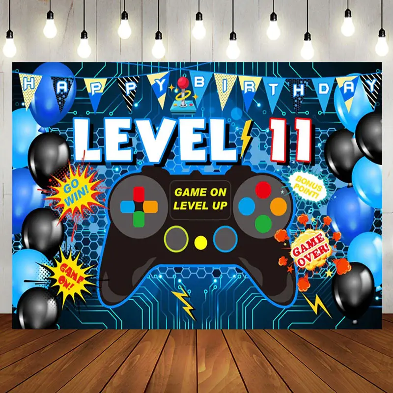 Level 11 Gamepad Blue Balloon Happy Birthday Backdrop - Aperturee