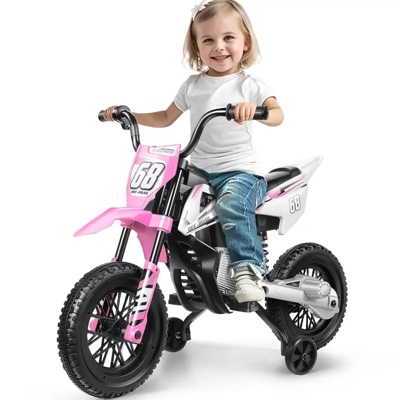 Hikole 12V Battery-Powered Ride-On Dirt Bike for Kids with Spring Shock Absorption Training Wheels, Electric Motorcycle, Dura...