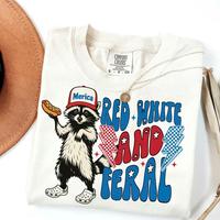 Comfort Colors Vintage Red White And Feral T-Shirt, Funny USA Tee, Funny Raccoon T-Shirt, 4th Of July Feral Tshirt, Hotdog Ra...