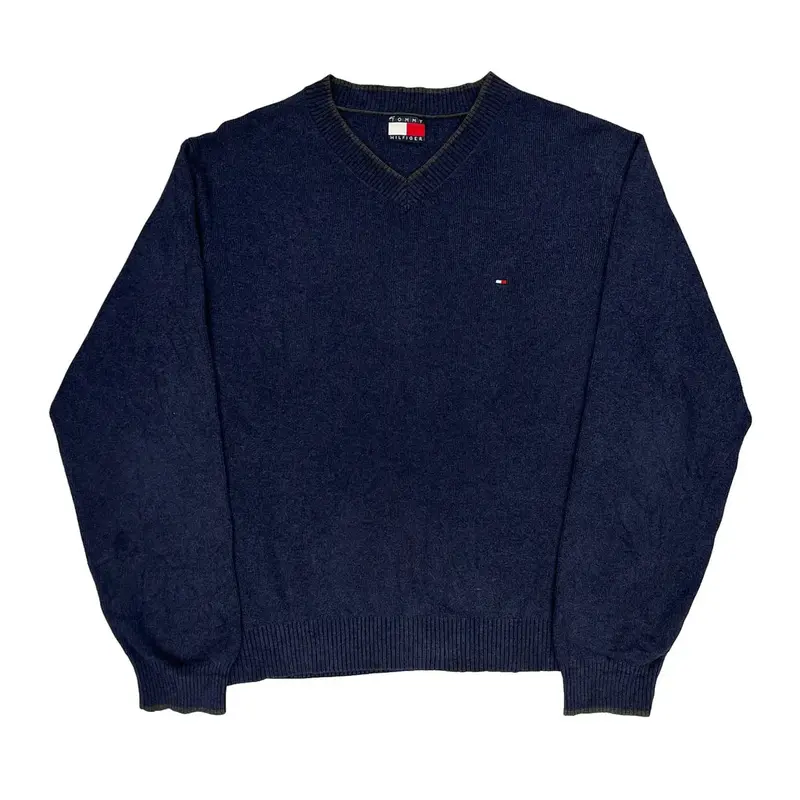 Tommy Hilfiger V-Neck Jumper - Large Blue Cotton