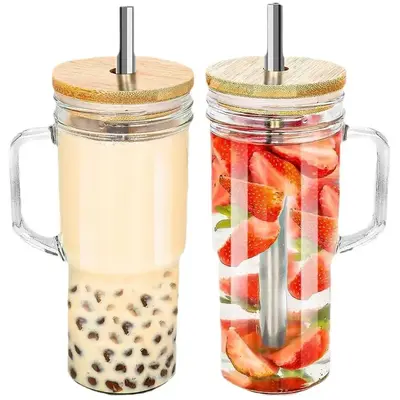 Glass Tea Cup with Bamboo Lid & Straw & Brush, 1 Count Clear Milkshake Juice Cup with Wooden Lid, Kitchenware Drinking Cup Se...