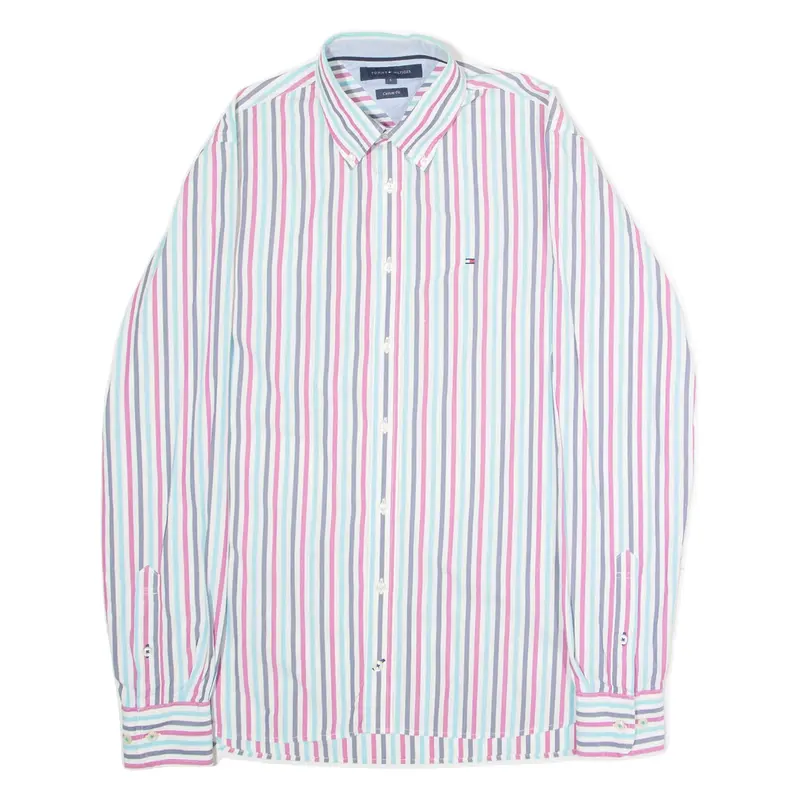 TOMMY HILFIGER Custom Fit Mens Shirt Blue Striped Long Sleeve S