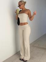 Two-piece Set Women's Solid Crop Tube Strapless Top & Foldover Waist Flare Leg Pants, Basic Casual Fashion Cozy Outfits for D...