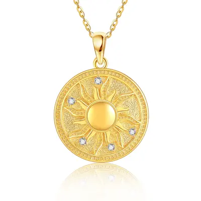 14K Yellow Gold Circular Cubic Zirconia Sun Coin Pendant Necklace