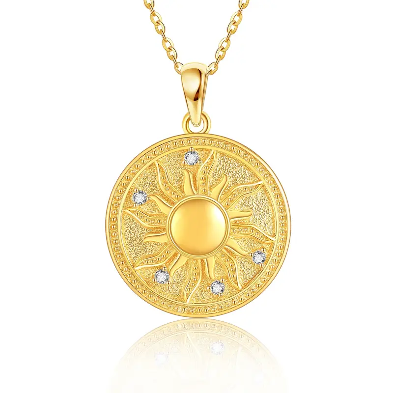 14K Yellow Gold Circular Cubic Zirconia Sun Coin Pendant Necklace