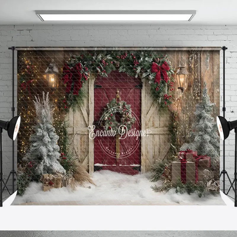 Aperturee Wooden Beige Red Door Xmas Tree Christmas Backdrop - Aperturee