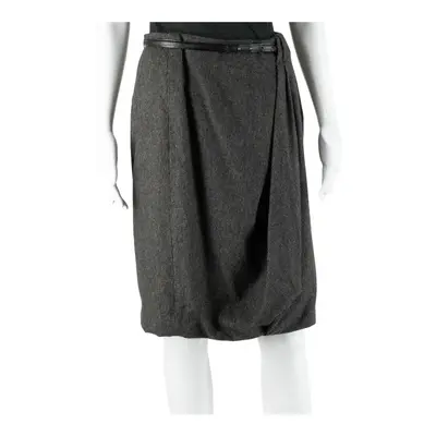 MAX MARA Twist Front Belted Formal Knee Length Straight Skirt Brown Wool Pinstripe Womens UK 10