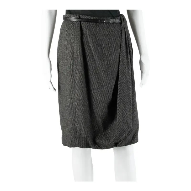 MAX MARA Twist Front Belted Formal Knee Length Straight Skirt Brown Wool Pinstripe Womens UK 10