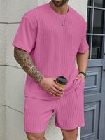 KZZ vacation outfits Two-Piece Set Men's Solid TexturedDrop Shoulder Short Sleeve Tee & Drawstring Waist ShortsSet, Spring & ...