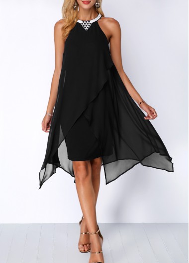 Modlily Embellished Neck Asymmetric Hem Black Chiffon Dress - XXL