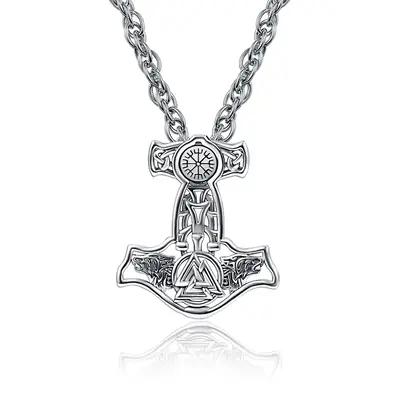Sterling Silver Wolf Thor'S Hammer And Viking Rune Pendant Necklace For Men