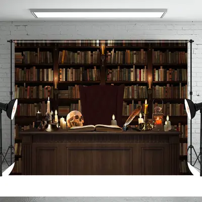 Creepy Skeletons and Bookshelves Halloween Backdrop - Aperturee