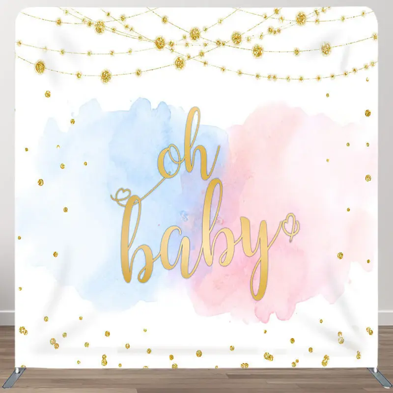 Oh Baby Blue And Pink Fabric Backdrop Cover for Baby Shower - Aperturee