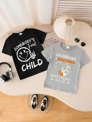 Toddler Boy's Letter Print Short Sleeve Tee & Grandma's Child Print Short Sleeve T-Shirt, Casual Summer Clothes for Kids Outd...