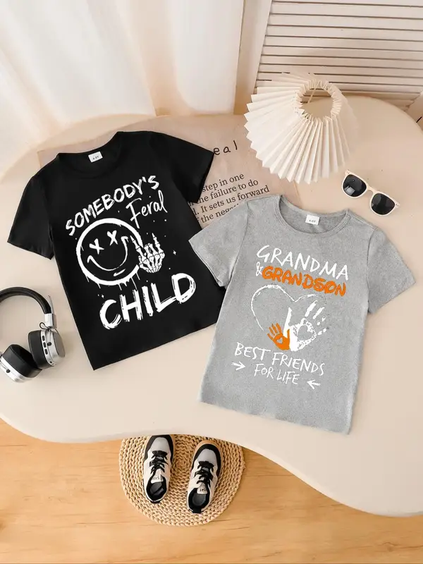 Toddler Boy's Letter Print Short Sleeve Tee & Grandma's Child Print Short Sleeve T-Shirt, Casual Summer Clothes for Kids Outd...