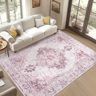 Garvee 9x12 Pink Area Rugs for Living Room Washable, Soft Vintage Large Bedroom Rugs Boho Farmhouse Low Pile Non-Slip Indoor ...