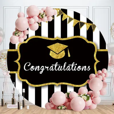 Black White Stripes Round Gold Grad Backdrop - Aperturee