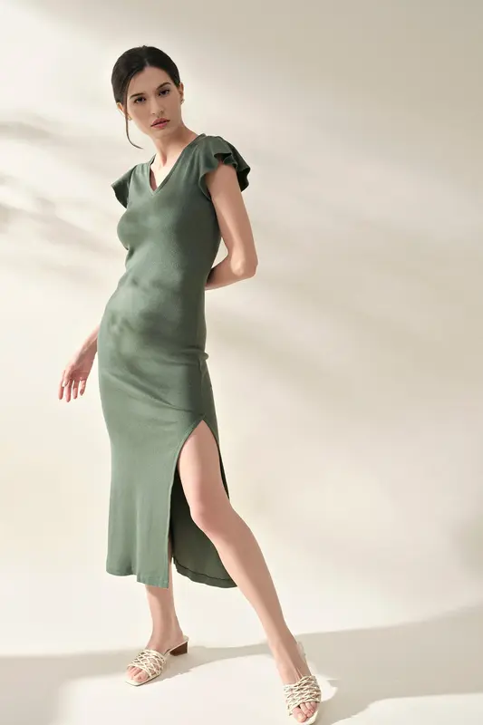 Ruffle Sleeve Ribbed Midi Dress - Sage | Size: XS