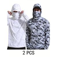 2PCs camo quick-dry lightweight hooded fishing sun protection shirt-breathable long sleeve outdoor gear for men, white & Grey...