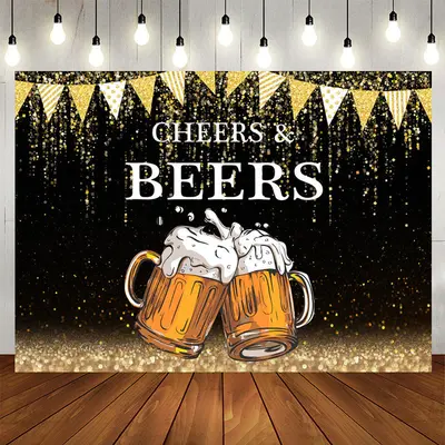Aperturee Gold Glitter Flags Black Cheers Beers Birthday Backdrop