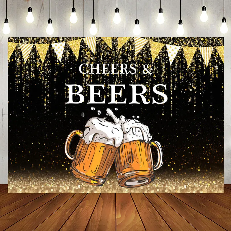Aperturee Gold Glitter Flags Black Cheers Beers Birthday Backdrop
