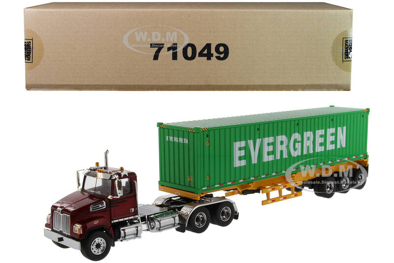 Western Star 4700 SB Tandem Truck Tractor Metallic Red with Skeleton Trailer and 40 Dry Goods Sea Container \