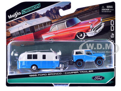 1966 Ford Bronco Blue with White Top and Camper Trailer Blue and White \