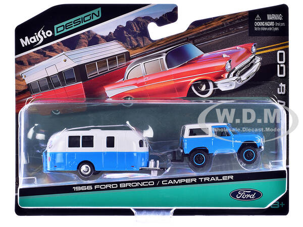 1966 Ford Bronco Blue with White Top and Camper Trailer Blue and White \