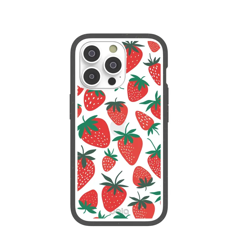 Clear Strawberries iPhone 14 Pro Case With Black Ridge