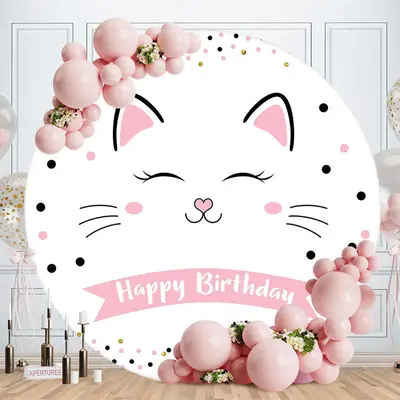 Simple Sweet White Cat Dots Round Birthday Backdrop - Aperturee