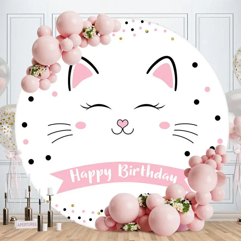 Simple Sweet White Cat Dots Round Birthday Backdrop - Aperturee