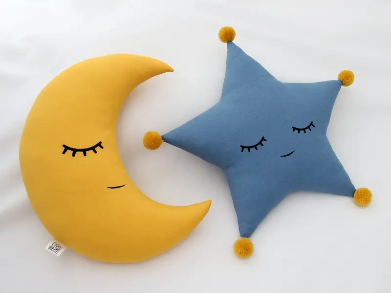 Set of 2 Pillows - Mustard Crescent Moon Pillow and Blue Star Pillow
