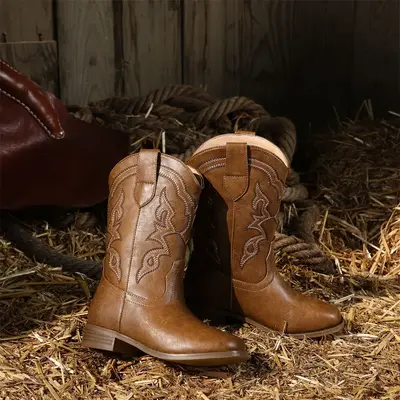 Pasuvo Kids' Classic Western Cowboy Boots – Durable Brown Mid-Calf Design with Intricate Embroidered Stitching, Slip-On Sty...