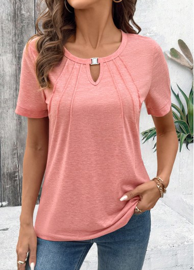 Modlily Pink Cut Out Short Sleeve Round Neck T Shirt - XL
