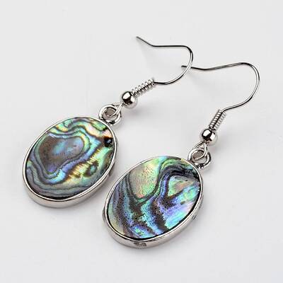 Oval Platinum Tone Brass Natural Paua Shell Dangle Earrings