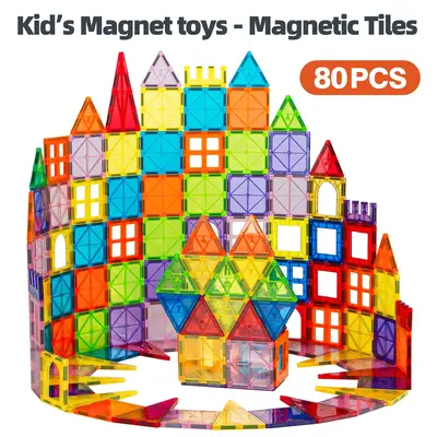 Magnetic Tiles - 80PCS Magnet Tiles Clear Magnetic 3D Building Blocks,  Magnetic Construction Set for Toddler 3 4 5 6 7+ Year...