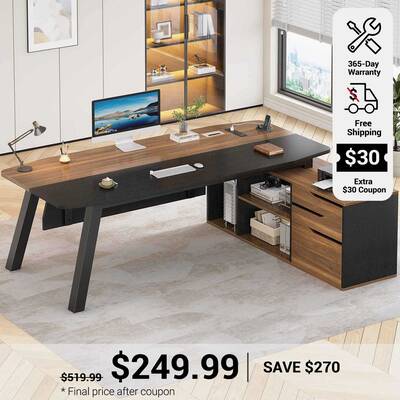 SEDETA ® 71 Inch Office Executive Desk L Shaped Computer Desk with Power Outlets Drawers and Shelves Walnut Home Office Furn...