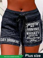 【Plus Size】 Letter Print Drawstring Waist Shorts, Casual Comfy Straight Leg Shorts for Daily Wear, Women's Summer Bottoms...