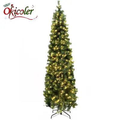 Okicoler Pre-lit Kingswood Fir Slim  Artificial Hinged Christmas Tree Skinny Corner Xmas Tree with 350 Incandescent Warm Whit...