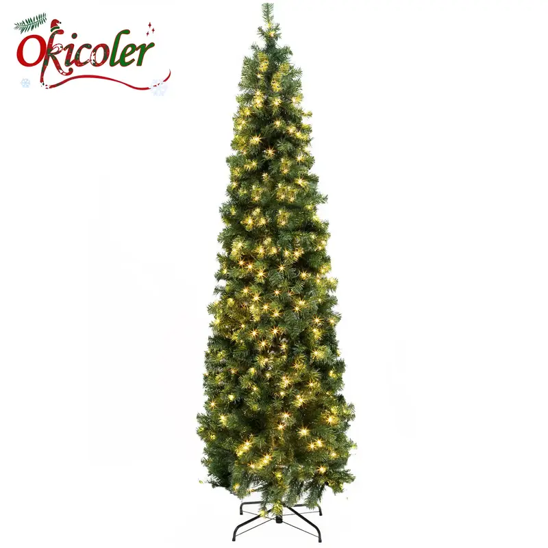 Okicoler Pre-lit Kingswood Fir Slim  Artificial Hinged Christmas Tree Skinny Corner Xmas Tree with 350 Incandescent Warm Whit...