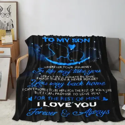 Son Themed Letter Print Blanket, 1 Count Soft Warm Blanket For Sofa Bed, Air-conditioned Room Camping Travel