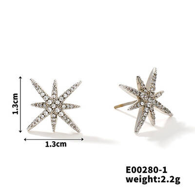 Copper Delicate Eight-pointed Star Stud Earrings with Zircon for Women