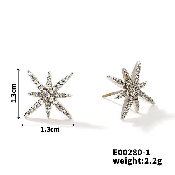 Copper Delicate Eight-pointed Star Stud Earrings with Zircon for Women