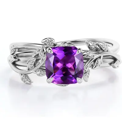 14K White Gold Cushion Cut Ivy Bridal Set Gemstone Engagement Rings Set