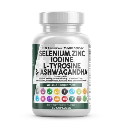 Selenium 300mcg Zinc Iodine 500mcg L Tyrosine 500mg Ashwagandha - Thyroid Support Supplement for Women and Men with Bladderwr...