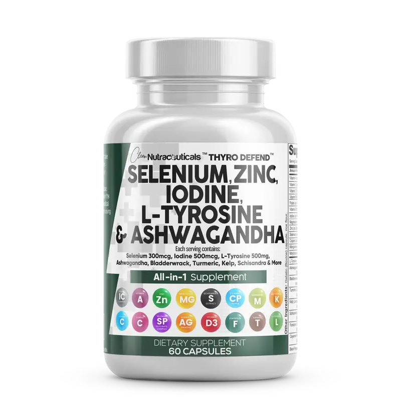 Selenium 300mcg Zinc Iodine 500mcg L Tyrosine 500mg Ashwagandha - Thyroid Support Supplement for Women and Men with Bladderwr...